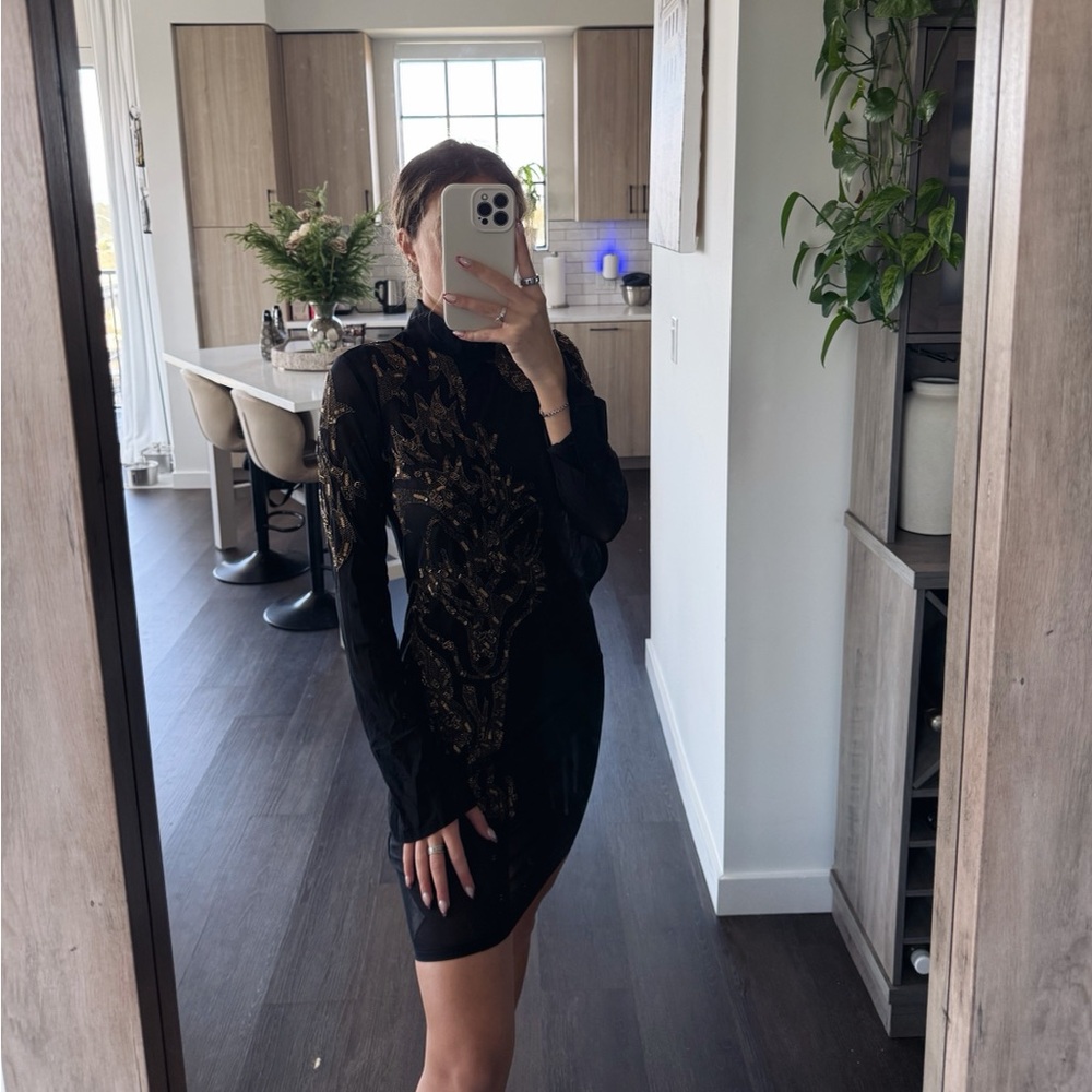 Black Long-Sleeve Embellished Mini Dress